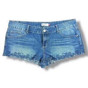 Y2K SO Denim Shorts Juniors Size 17 Floral Hem Blue Jean Cutoffs Coquette Grunge